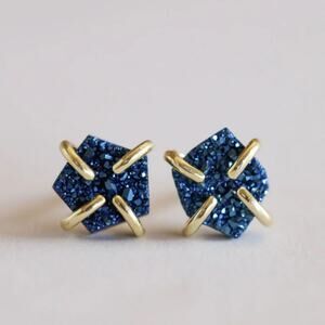 NEW ANTHROPOLOGIE JaxKelly Blue 18kt Gold Druzy Stone Natural Gemstone Earring